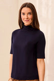 Funnel Neck Elbow Sleeve Soft Knit Top