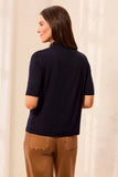 Funnel Neck Elbow Sleeve Soft Knit Top