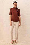 Funnel Neck Elbow Sleeve Soft Knit Top