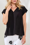 Mixed Media Soft Drape Cap Sleeve V-Neck Top