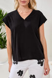 Mixed Media Soft Drape Cap Sleeve V-Neck Top