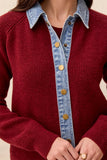 Mixed Media Sweater Jacket With Denim Trim Detail