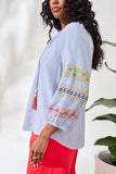 Embroidered Balloon Sleeve Tassel Tie Notch Neck Blouse