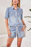 Soft Striped Denim Elbow Sleeve Buttoned Jacket