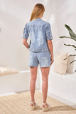 Soft Striped Denim Elbow Sleeve Buttoned Jacket