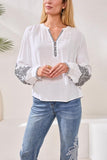 Viscose Notch Neck Embroidered Puff Sleeve Blouse