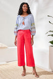 Embroidered Balloon Sleeve Tassel Tie Notch Neck Blouse