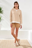 Cotton Crewneck Drop‑Shoulder Long Sleeve Top with Combo Trim