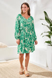 Printed V-Neck Balloon Long Sleeve Fitted at Waist Dress