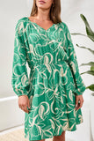 Printed V-Neck Balloon Long Sleeve Fitted at Waist Dress