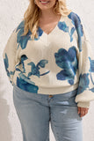 Puff Sleeve Printed V-Neck Sweater