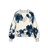 Puff Sleeve Printed V-Neck Sweater